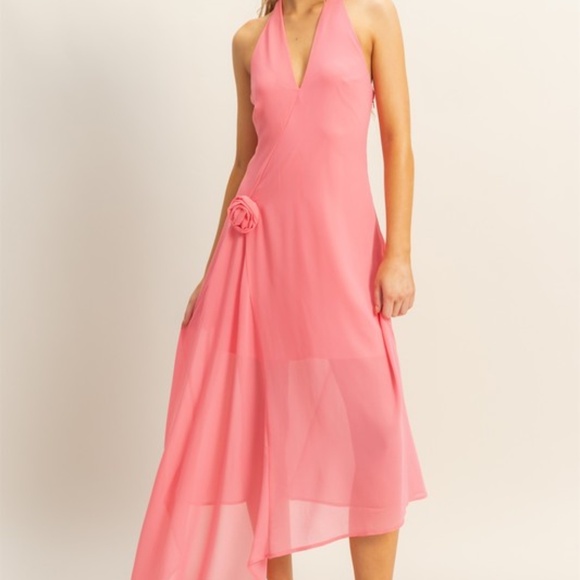 NWT HYFVE Pink Chiffon Halter Dress with Rose Detail - Asymmetrical Hem, S-L - Picture 4 of 5
